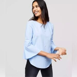 Loft Womens Bell Sleeve Pearlized Blouse Preppy Minimalist Soft Girl Blue L